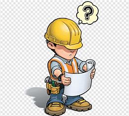 uma imagem em desenho de uma pessoa olhando uma planta de construção com várias ferramentas na pochete